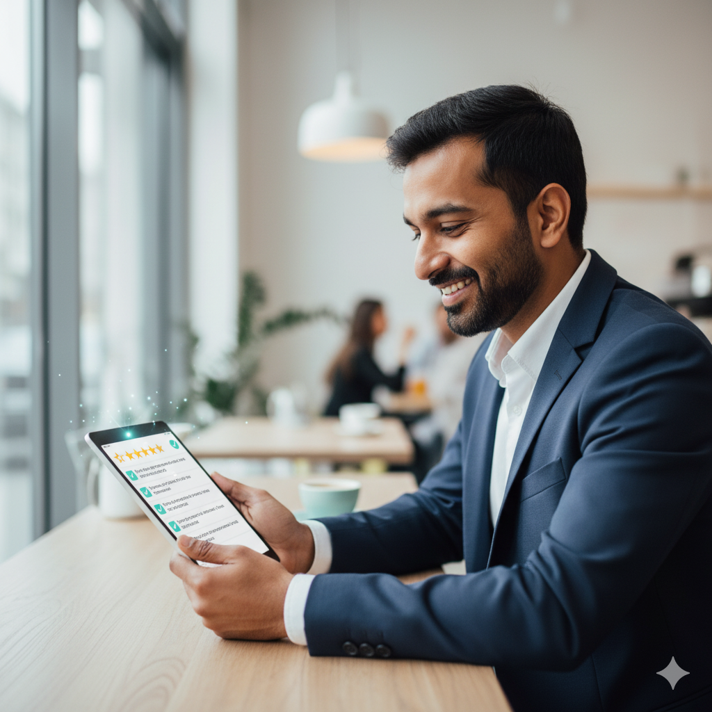 business owner smiling while reading positive online reviews on tablet business owner smiling while reading positive online reviews on tablet