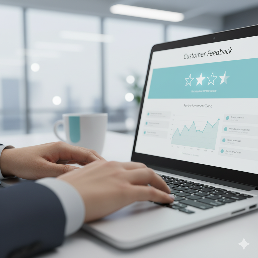 close up of laptop showing 5 star reviews and feedback analytics close up of laptop showing 5 star reviews and feedback analytics