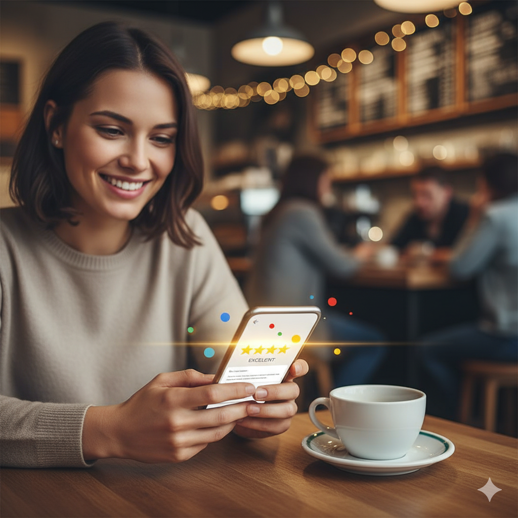 customer writing 5 star google review on phone