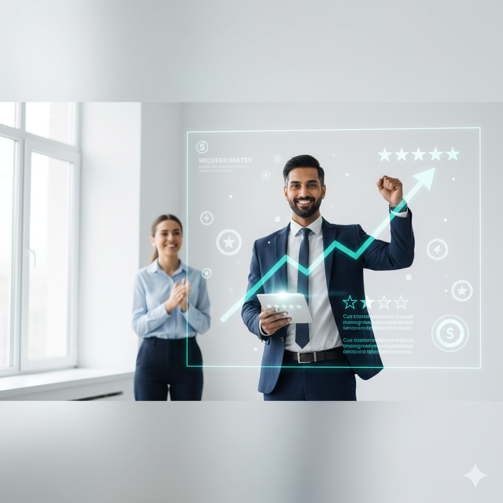 Unlock Your Brand’s Full Potential — Rankivo Review Management Solutions entrepreneur celebrating brand success with review analytics rankivo reputation management agency