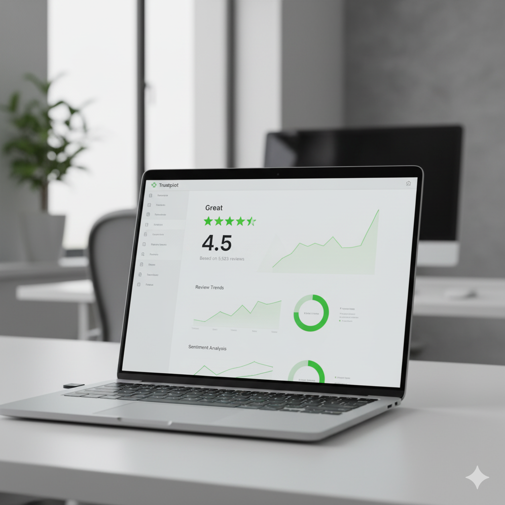 laptop showing trustpilot dashboard with high trustscore