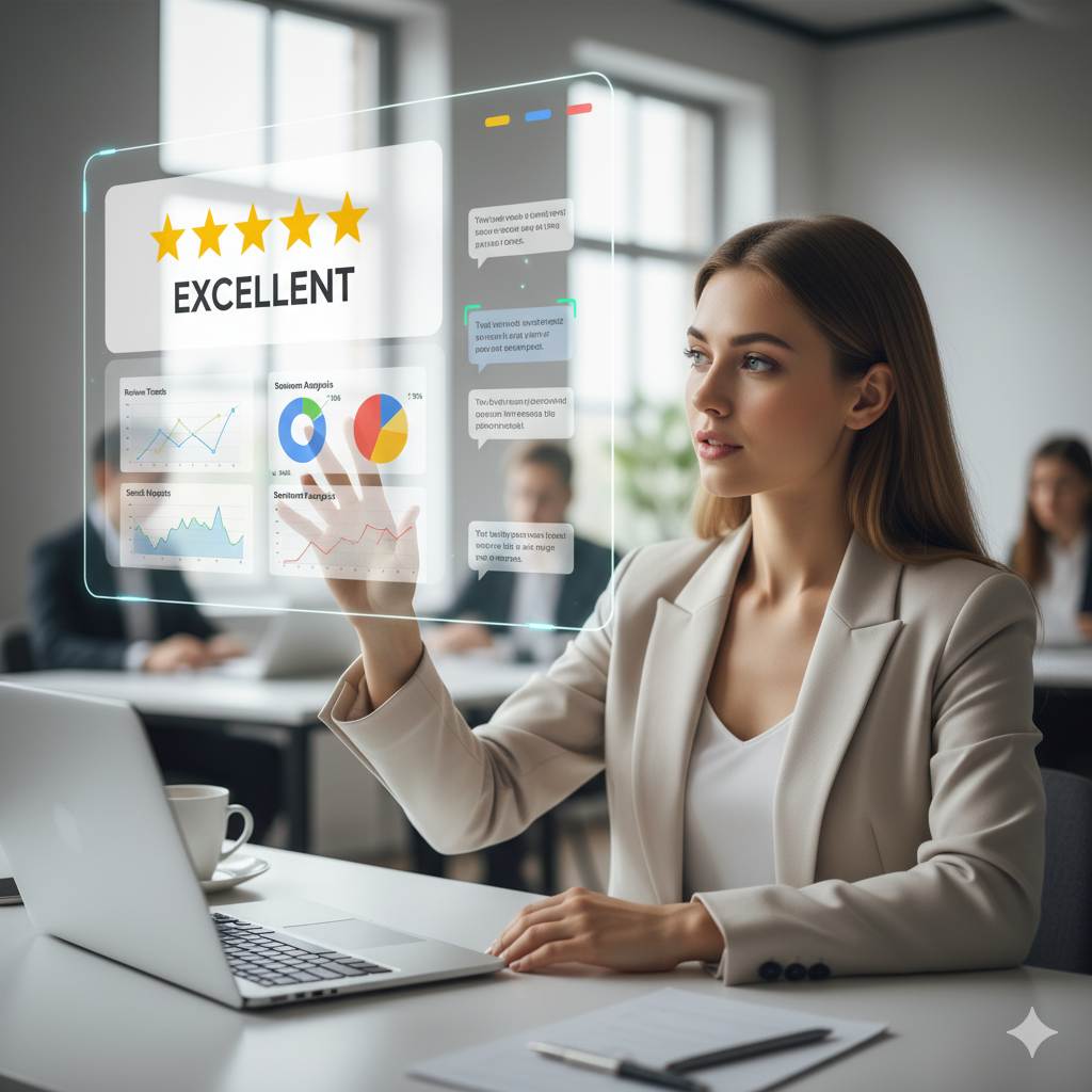 marketer analyzing google review dashboard with 5 star ratings
