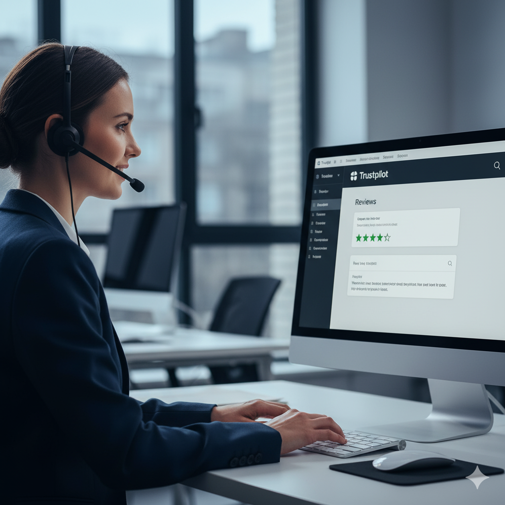 support agent responding to trustpilot reviews on desktop