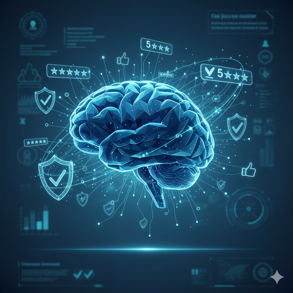 brain connected to digital review stars showing trust psychology concept