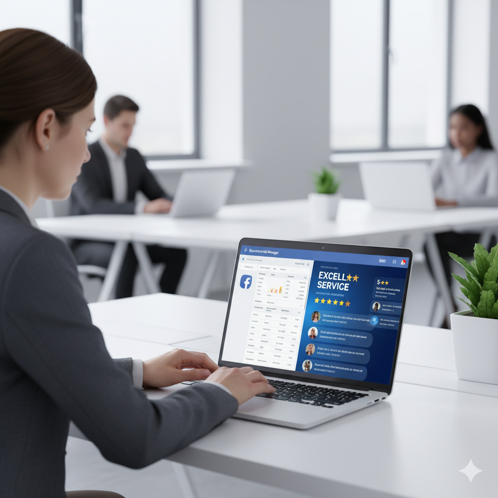 marketer comparing digital ads and online customer reviews on laptop screen